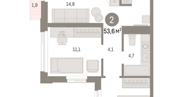 2-к. квартира, 53 м²