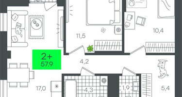 2-к. квартира, 57&nbsp;м²