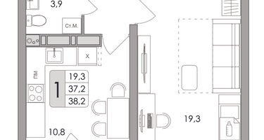 1-к. квартира, 38&nbsp;м²