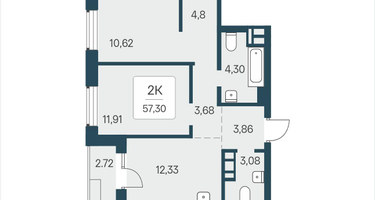 2-к. квартира, 57&nbsp;м²