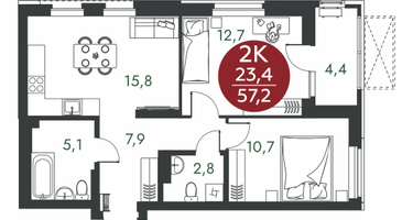 2-к. квартира, 57 м²