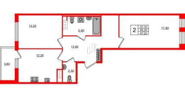 2-к. квартира, 66&nbsp;м²