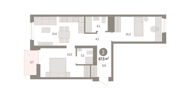 2-к. квартира, 67 м²