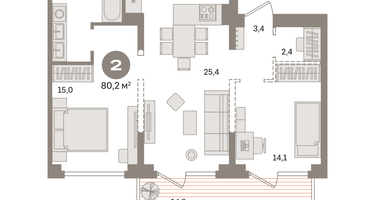 2-к. квартира, 80&nbsp;м²