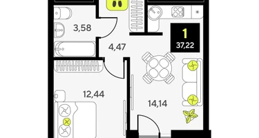 1-к. квартира, 37&nbsp;м²