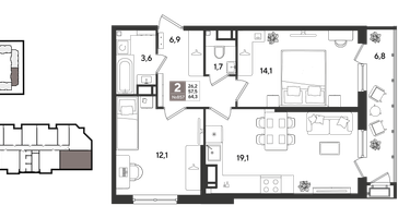 2-к. квартира, 63 м²