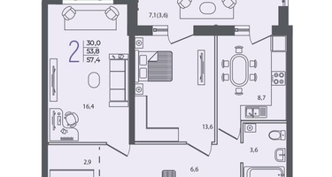 2-к. квартира, 57&nbsp;м²
