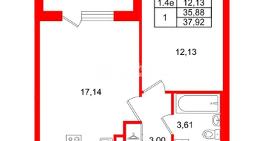 1-к. квартира, 35&nbsp;м²