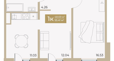 1-к. квартира, 48&nbsp;м²