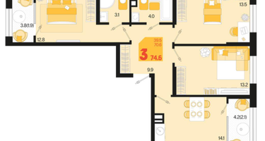 3-к. квартира, 74,6 м²