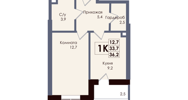 1-к. квартира, 34 м²