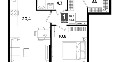 1-к. квартира, 45 м²