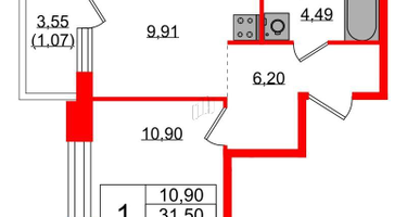 1-к. квартира, 32&nbsp;м²