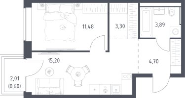 1-к. квартира, 39&nbsp;м²