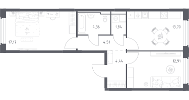 2-к. квартира, 58&nbsp;м²