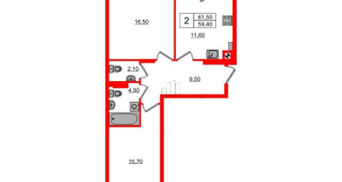 2-к. квартира, 61&nbsp;м²