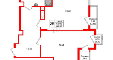 1-к. квартира, 66&nbsp;м²