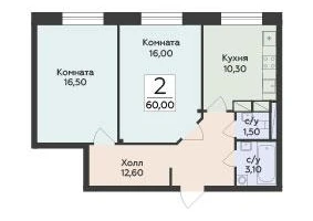 2-к. квартира, 60&nbsp;м²