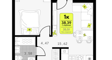 1-к. квартира, 38&nbsp;м²