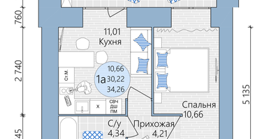 1-к. квартира, 34&nbsp;м²