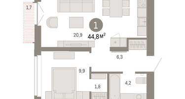 1-к. квартира, 44&nbsp;м²