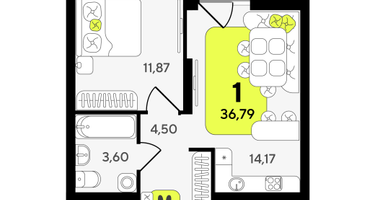 1-к. квартира, 36 м²