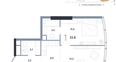 1-к. квартира, 53 м²