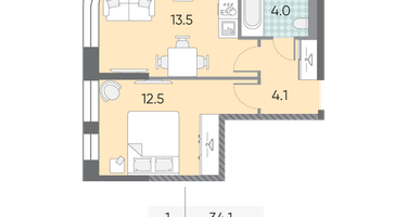 1-к. квартира, 34 м²