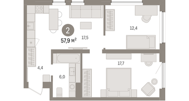 2-к. квартира, 57&nbsp;м²