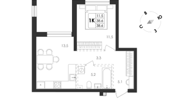 1-к. квартира, 36 м²