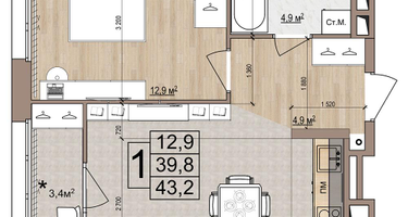 1-к. квартира, 43&nbsp;м²