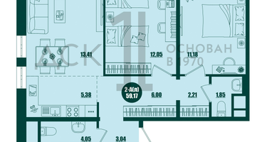 2-к. квартира, 59&nbsp;м²