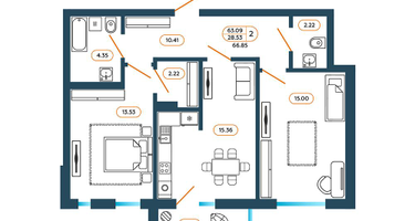 2-к. квартира, 66&nbsp;м²