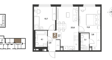 2-к. квартира, 57&nbsp;м²