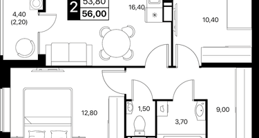 2-к. квартира, 56 м²