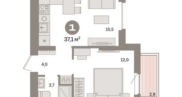 1-к. квартира, 37&nbsp;м²