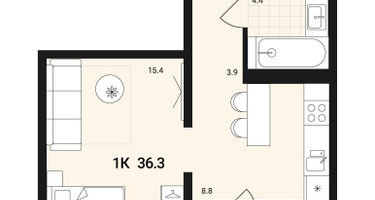 1-к. квартира, 36&nbsp;м²