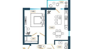 1-к. квартира, 50&nbsp;м²