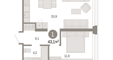 1-к. квартира, 43 м²