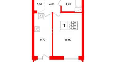 1-к. квартира, 39&nbsp;м²