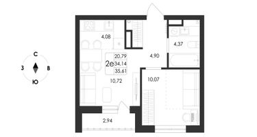 2-к. квартира, 35 м²