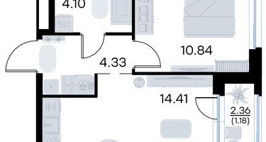 1-к. квартира, 34&nbsp;м²