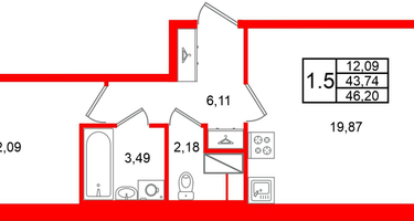 1-к. квартира, 43&nbsp;м²
