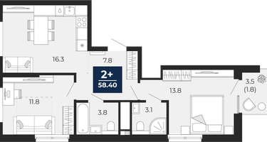 2-к. квартира, 56 м²