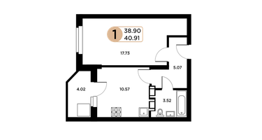 1-к. квартира, 38&nbsp;м²