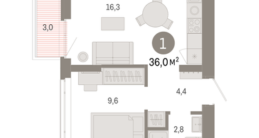 1-к. квартира, 36 м²