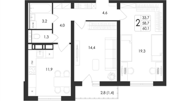 2-к. квартира, 60&nbsp;м²