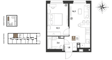 1-к. квартира, 34 м²