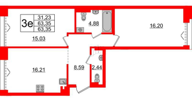 2-к. квартира, 63 м²