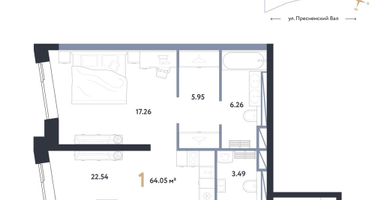 1-к. квартира, 64 м²